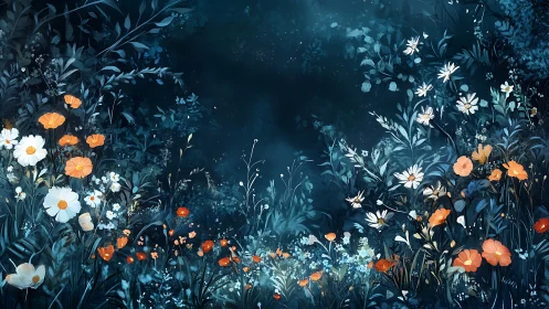 Moonlit wildflower meadow glows in deep blue nightscape.