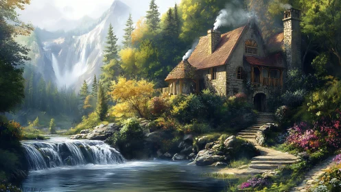 Stone river cottage under mountain waterfall in spring light.