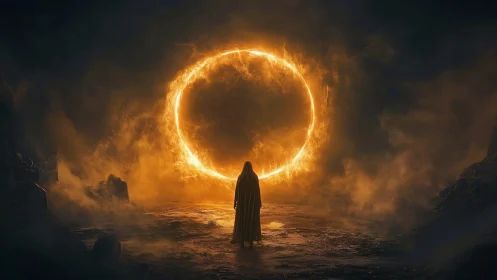 Cloaked figure before luminous fiery ring in dark landscape.