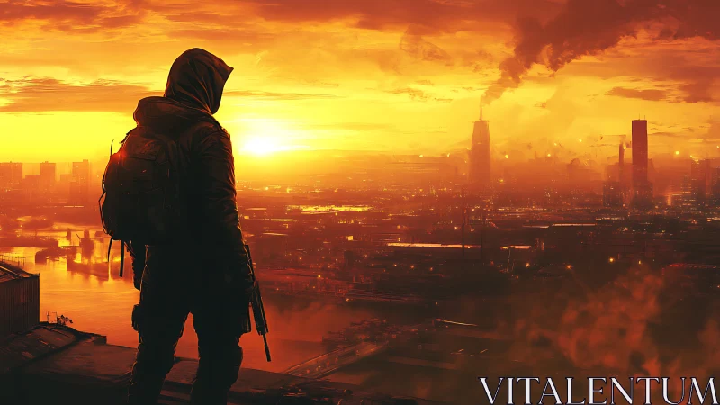 Armed wanderer surveys burning dystopian city at sunset glow