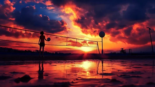 Digital painting of sunset volleyball court with reflective surface.