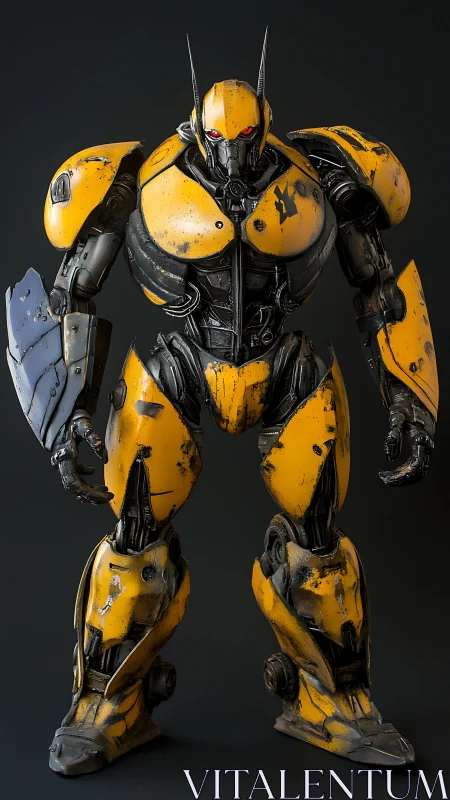Battle-scarred yellow mech stands like a knight of wreckage
