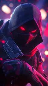 Hooded masked figure with red eyes in neon environment.