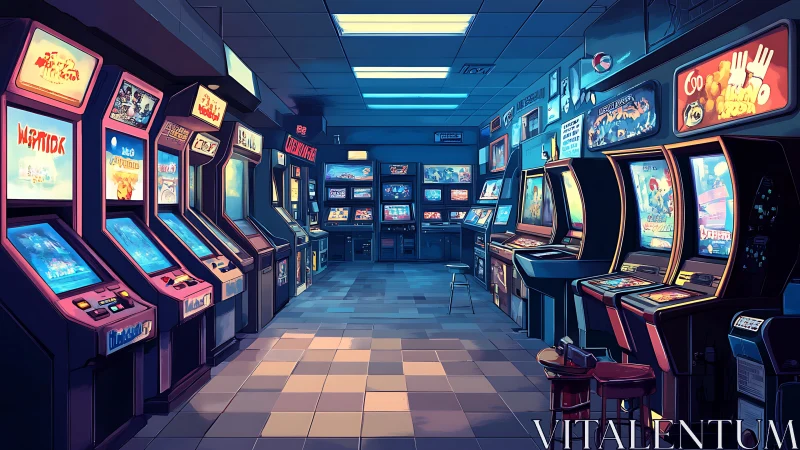 Neon nostalgia arcade corridor humming with pixelated ghosts.