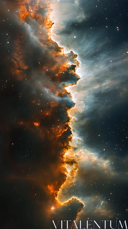 Nebular firestorm carves a cosmic shoreline of light and shadow.