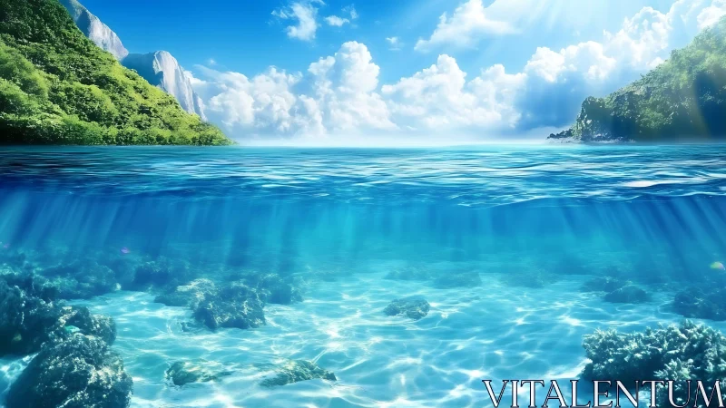 Sunlit twin worlds of tropical sea and sky in harmony.