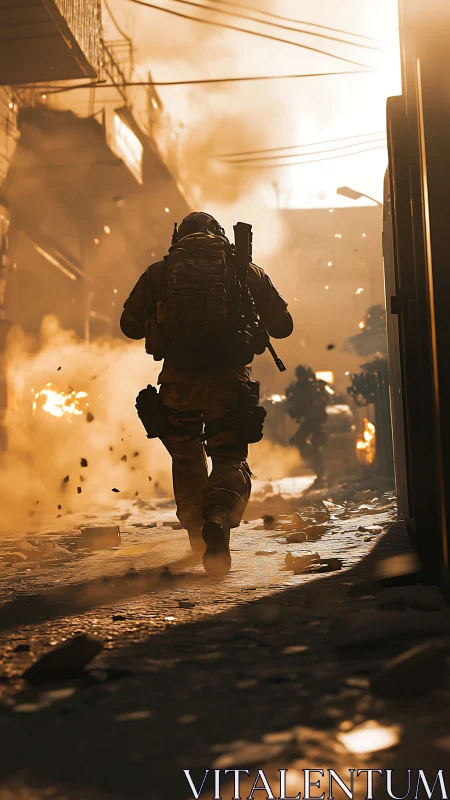 Soldier runs through burning urban street under heavy fire.