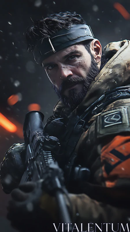 Heavily equipped soldier holds rifle in controlled close-up view