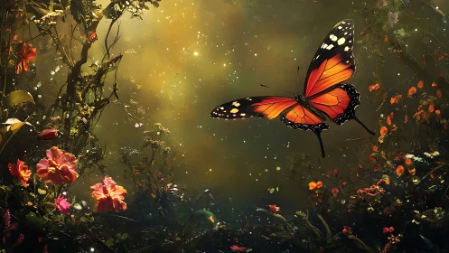 Monarch butterfly in luminescent forest micro-ecosystem flight.