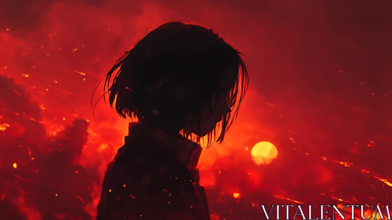 Silhouette in emberstorm dusk, walking the edge of ruin.