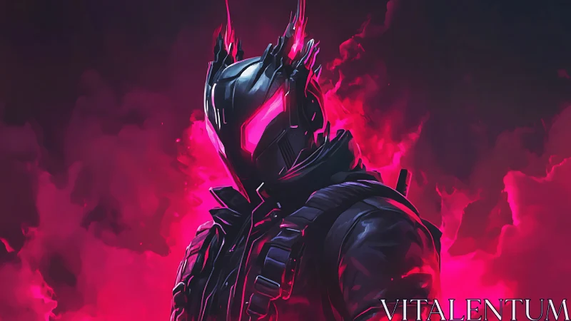 Neon-armored cyber warrior stands strong in glowing pink smoke