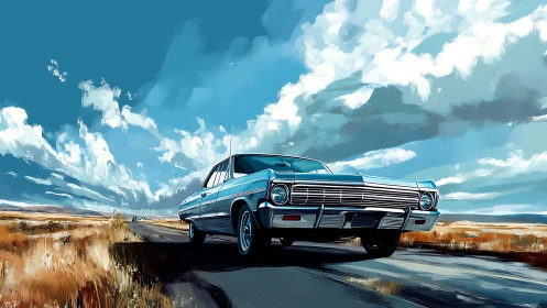 Chrome roadship cruises beneath a canyon of painted clouds