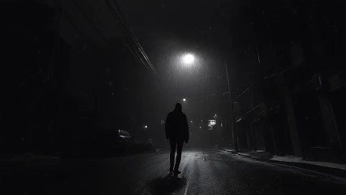 Backlit lone figure traverses rain‑soaked nocturnal street scene