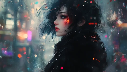 Cyberpunk woman gazes over neon city in cold rain