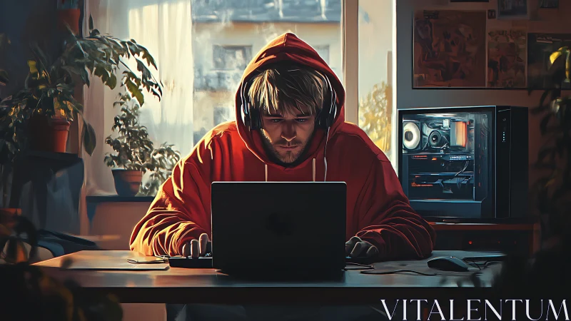 Hooded coder bends golden sunlight into late night focus