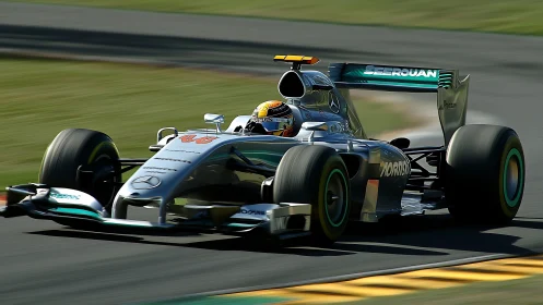 Silver race car surging through the circuit with bold speed.