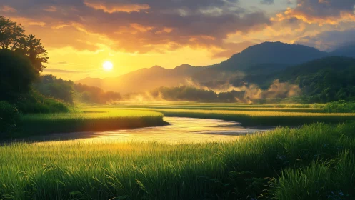 River meandering through green fields at low sun over hills.