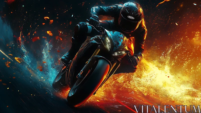 Motorcycle racer cuts through fire and sparks at full speed