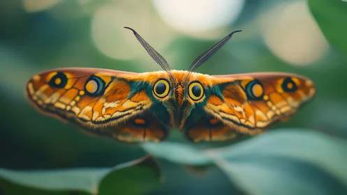 Colorful moth closeup with vivid patterned wings in focus.