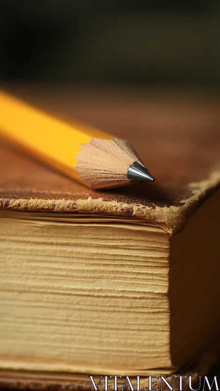 Sharpened yellow pencil rests on worn antique book spine.