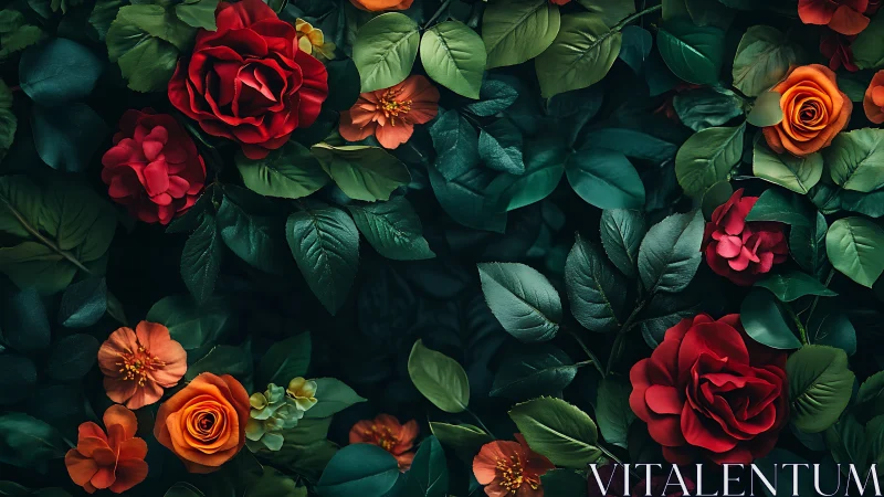 Lush Garden Composition with Red and Orange Blooms.