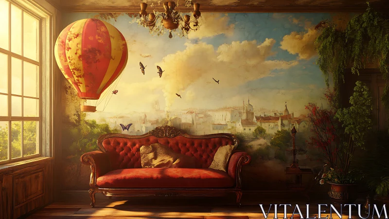 Surreal red sofa room with hot air balloon mural dreamscape.