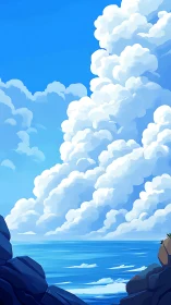 Coastal seascape with cumulus cloud formations and rocks.