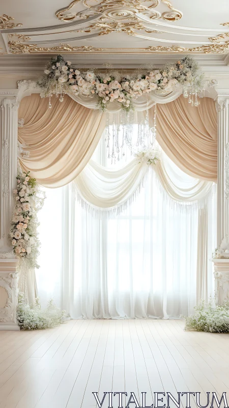 Opulent ivory wedding arch with cascading florals and drapery.