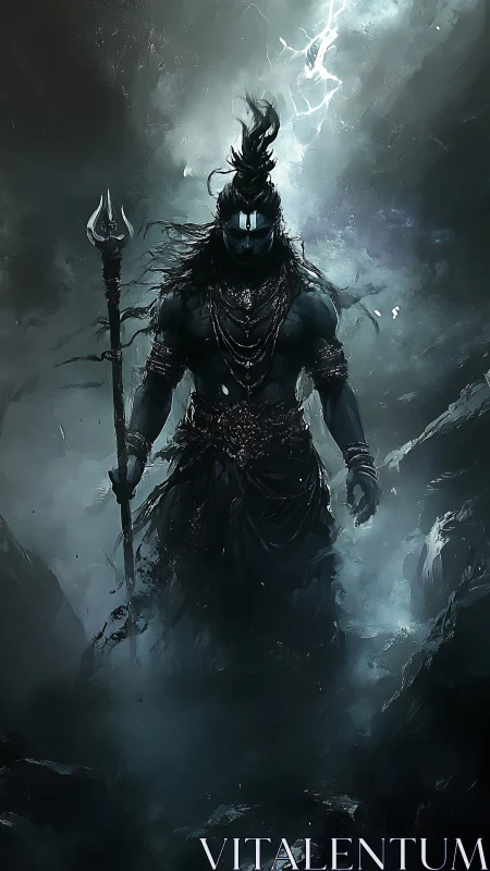 Storm-lit warrior silhouette emerges through volumetric mist and debris