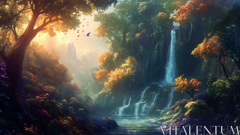 Forest waterfall landscape under diffuse backlit sunrise.