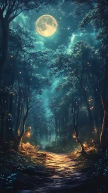 Moonlit Forest Path Through Glowing Woods.