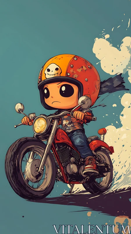 Cute cartoon biker kid riding red motorcycle at speed.