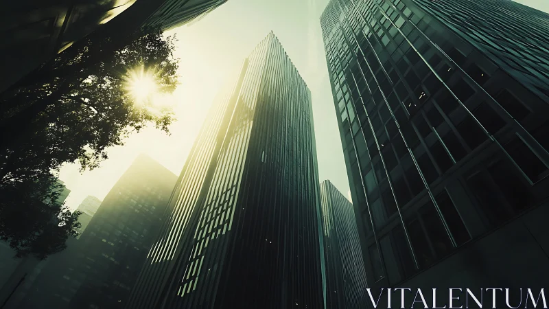 Sunlit towers rising through a hazy, dreamlike city canyon.