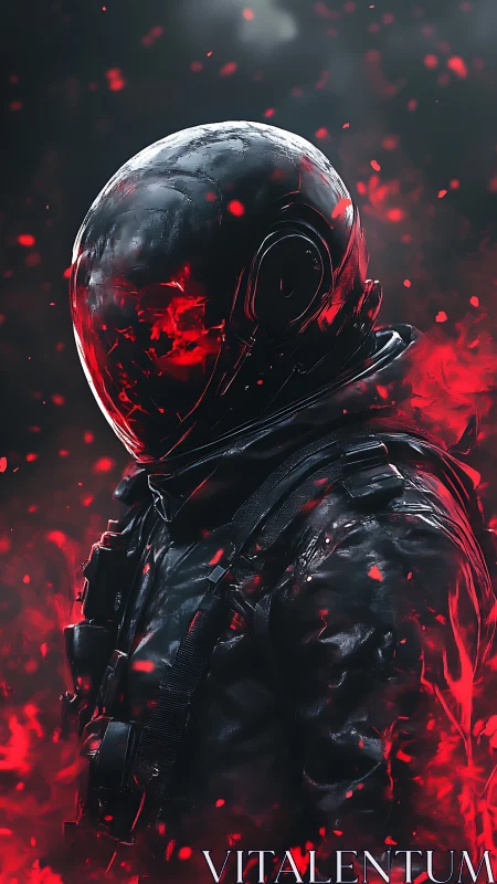 Armored figure in reflective helmet stands amid red particles