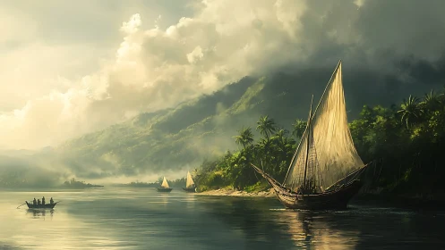 Sunlit sailboats along misty tropical river shoreline.
