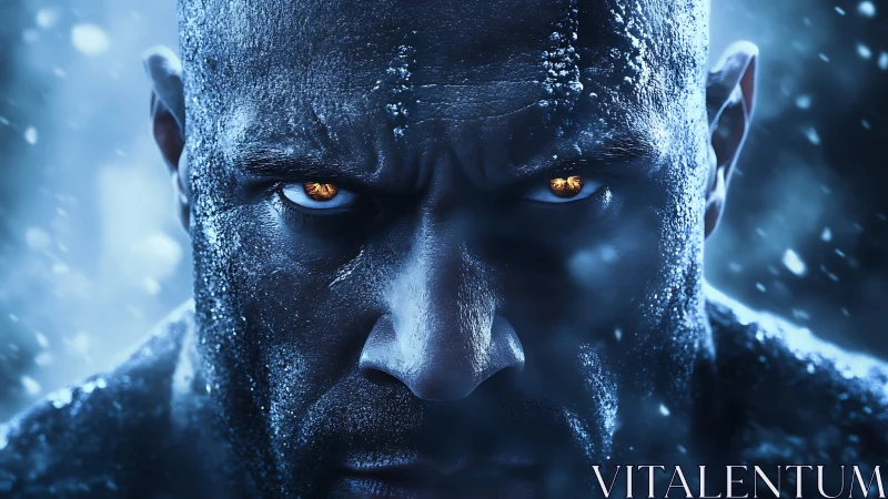 Close portrait of frost covered man with glowing eyes.