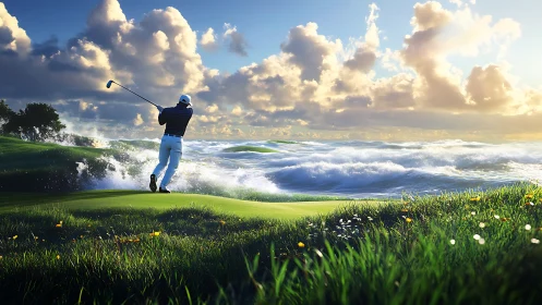 Golfer on coastal fairway near rough sea under clouds.