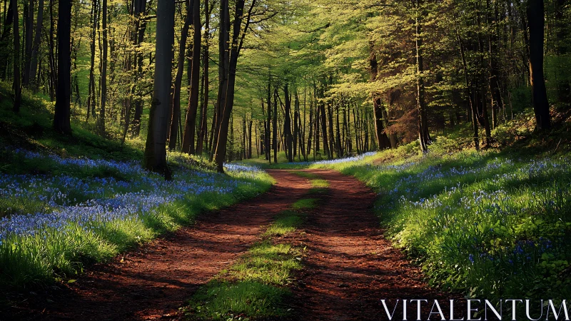 Sunlit forest path with bluebells in spring, natural landscape style.