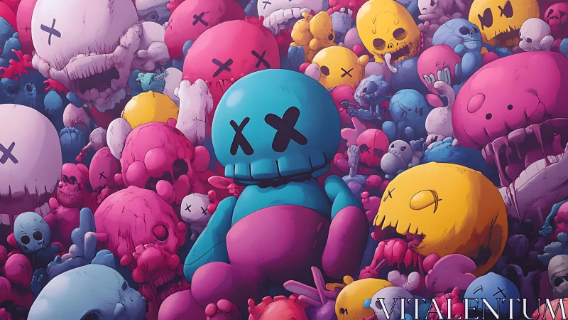 Candy-colored skull plush uprising in a neon nightmare pile.