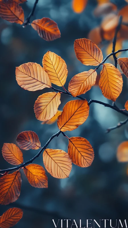 Orange autumn leaves hang on thin branches in soft focus