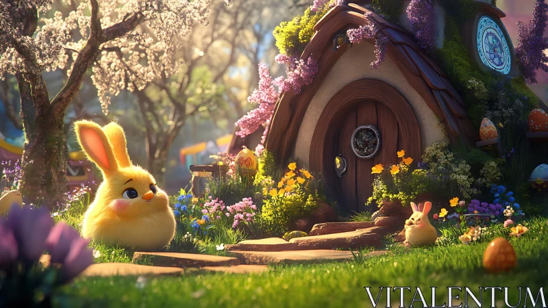 Digital spring garden with stylized rabbits near cottage door