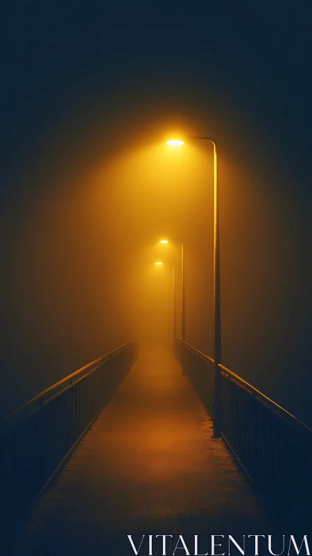 Golden fog on a quiet night bridge, glowing with mystery.