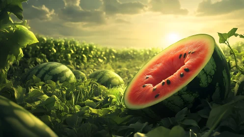 Sunlit watermelon morning in a lush summer field.