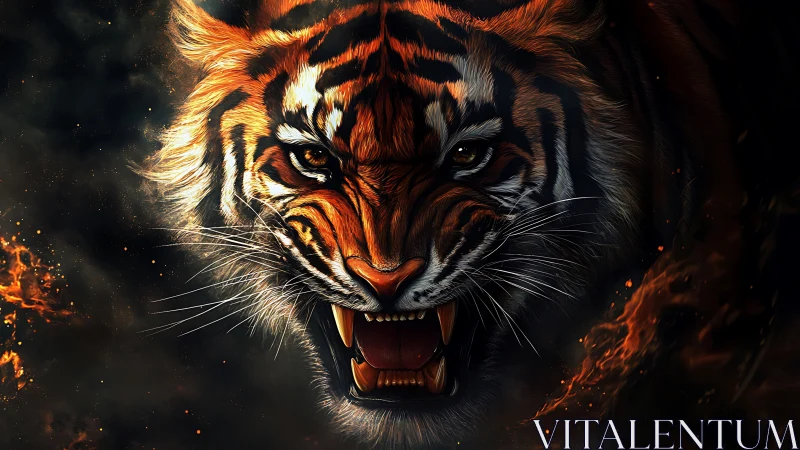 Firelit tiger unchains a roaring storm from the shadows