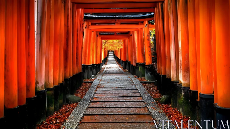 Vermilion torii corridor frames stone path in autumn light.