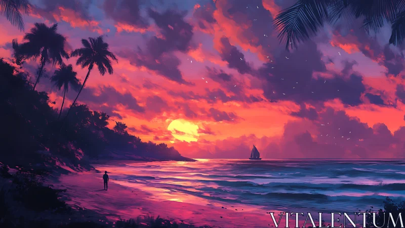 Solitary figure observes vivid tropical sunset seascape