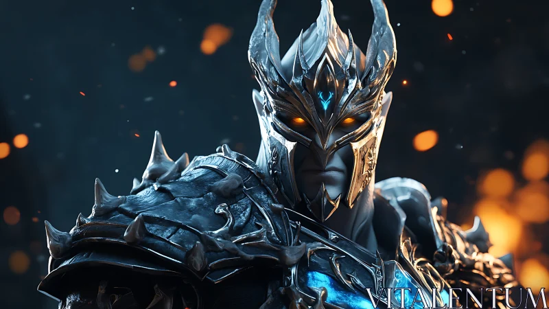 Armored frost king with glowing ember eyes in battlefire.