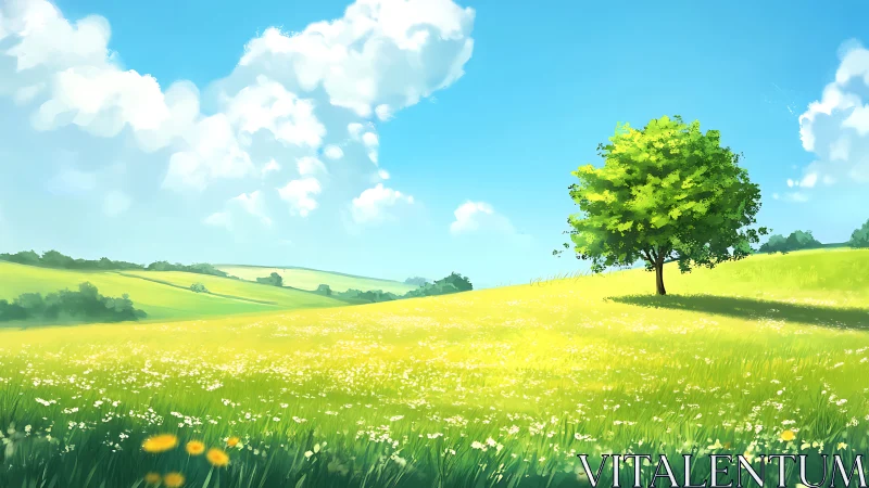 Sunlit meadow welcomes a lone tree under bright blue skies