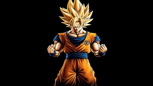 Spiky haired anime warrior in orange gi on black field.