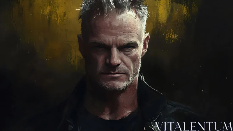 Cinematic digital portrait of stern grey‑haired man in chiaroscuro.